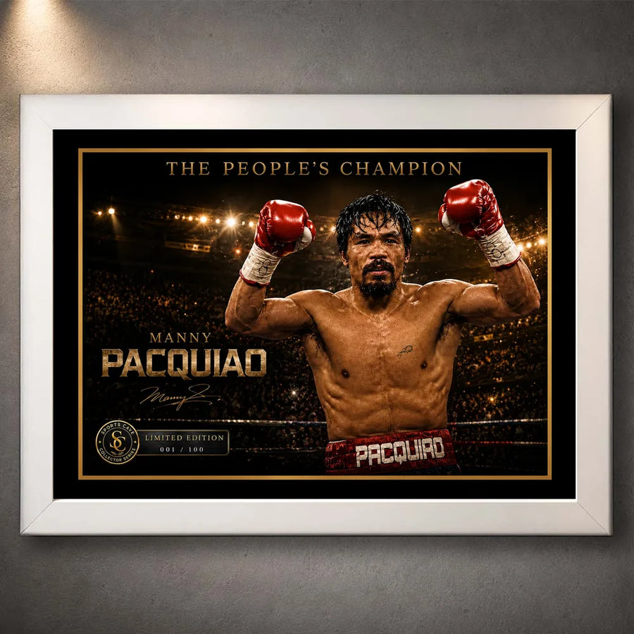 White framed Manny Pacquiao “The People’s Champion” boxing wall art with raised gloves, gold accents and arena lights.