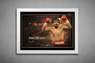White framed Manny Pacquiao “The People’s Champion” boxing artwork with dramatic arena lights, bold sports wall art.