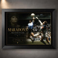 Diego Maradona soccer wall art in a black frame, featuring the iconic Mexico 1986 football moment.