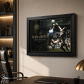 Diego Maradona framed sports art styled in a premium office with warm shelving and desk decor.
