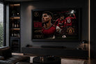 Marcus Rashford Manchester United sports wall art displayed in a luxury modern man cave with black frame.