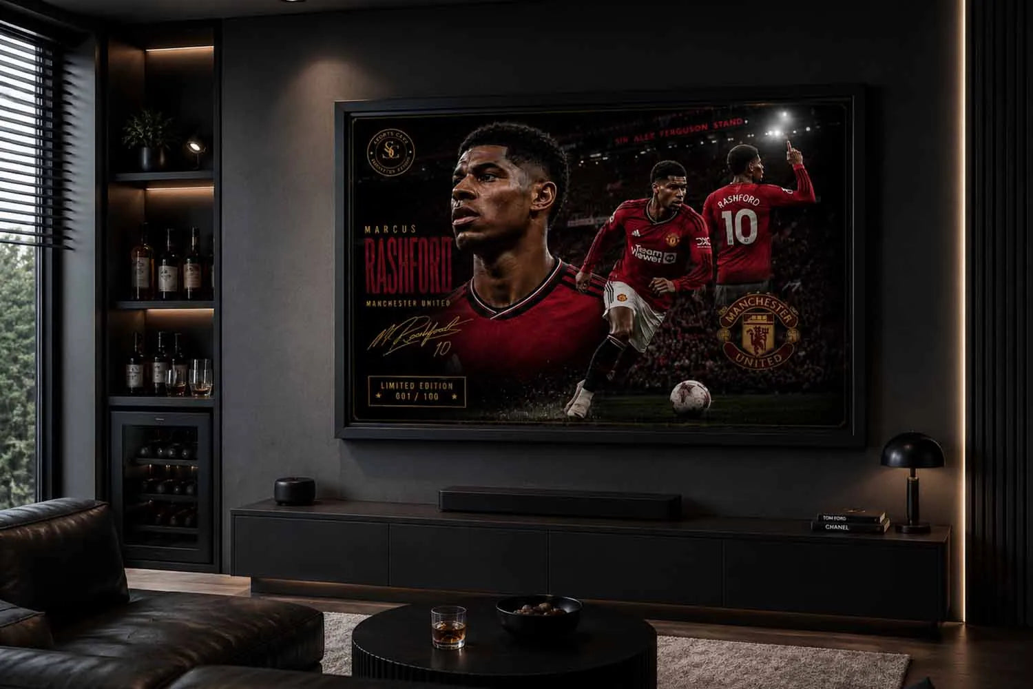 Marcus Rashford Manchester United sports wall art displayed in a luxury modern man cave with black frame.
