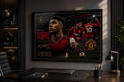 Marcus Rashford Manchester United framed sports memorabilia showcased in a sleek modern office interior.