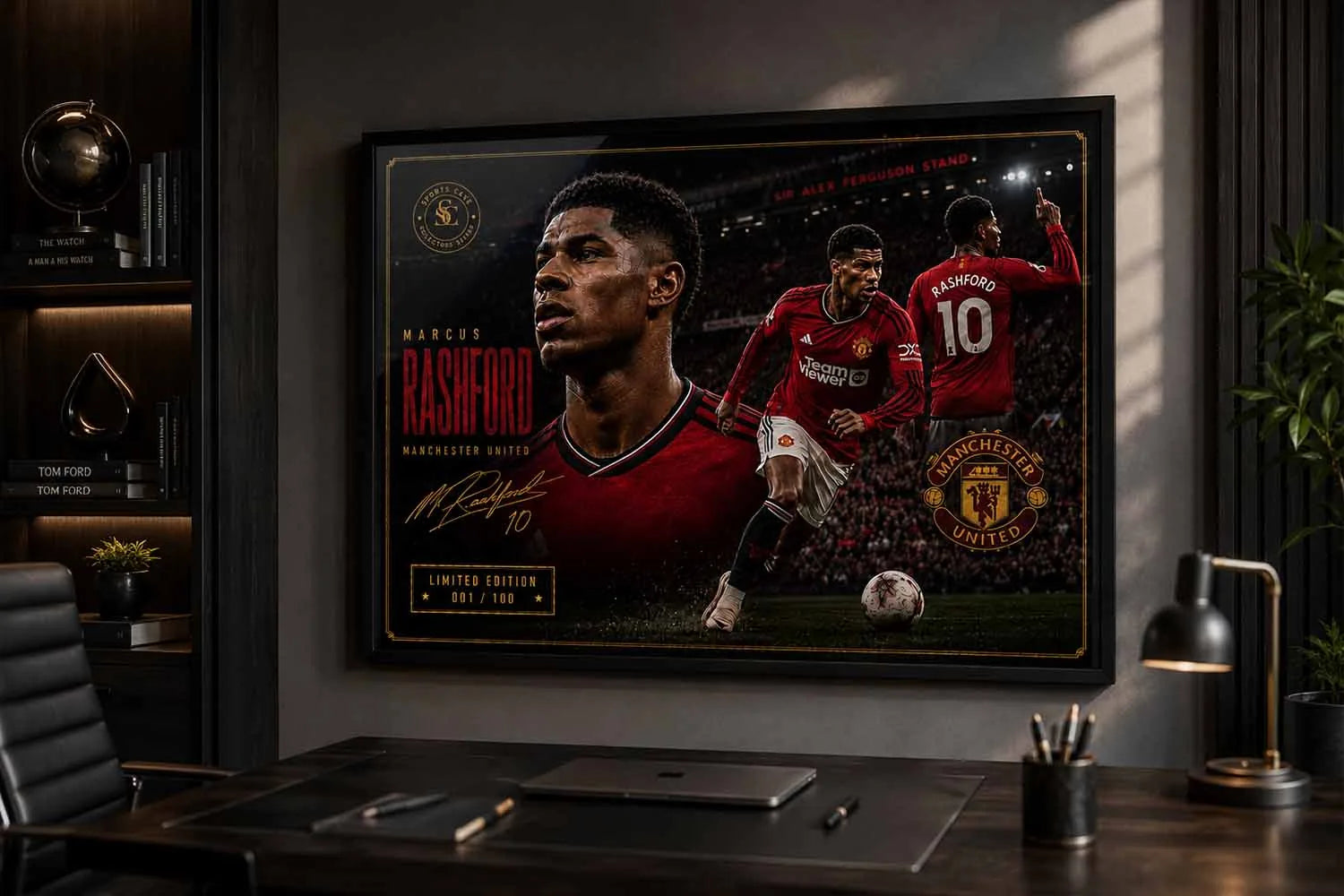 Marcus Rashford Manchester United framed sports memorabilia showcased in a sleek modern office interior.