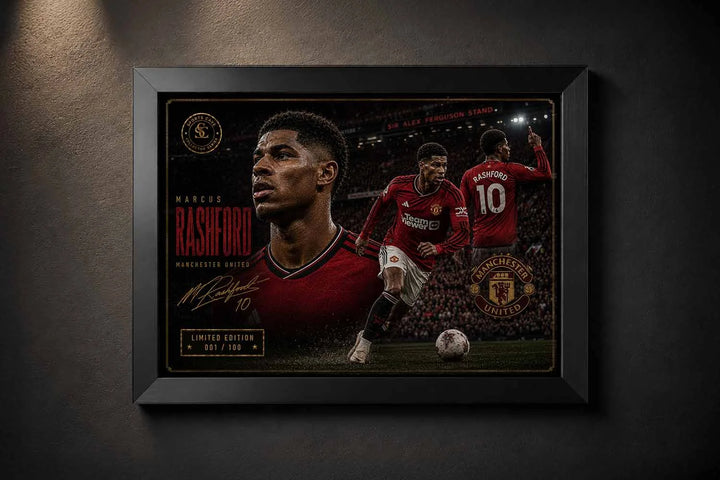 Marcus Rashford Manchester United framed sports wall art in a black frame with premium limited edition design.