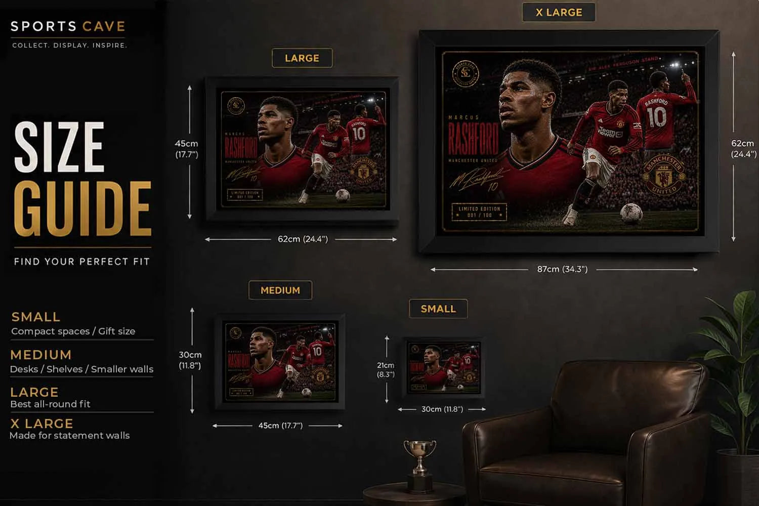 Sports Cave Marcus Rashford size guide showing small, medium, large and XL framed sports art dimensions.