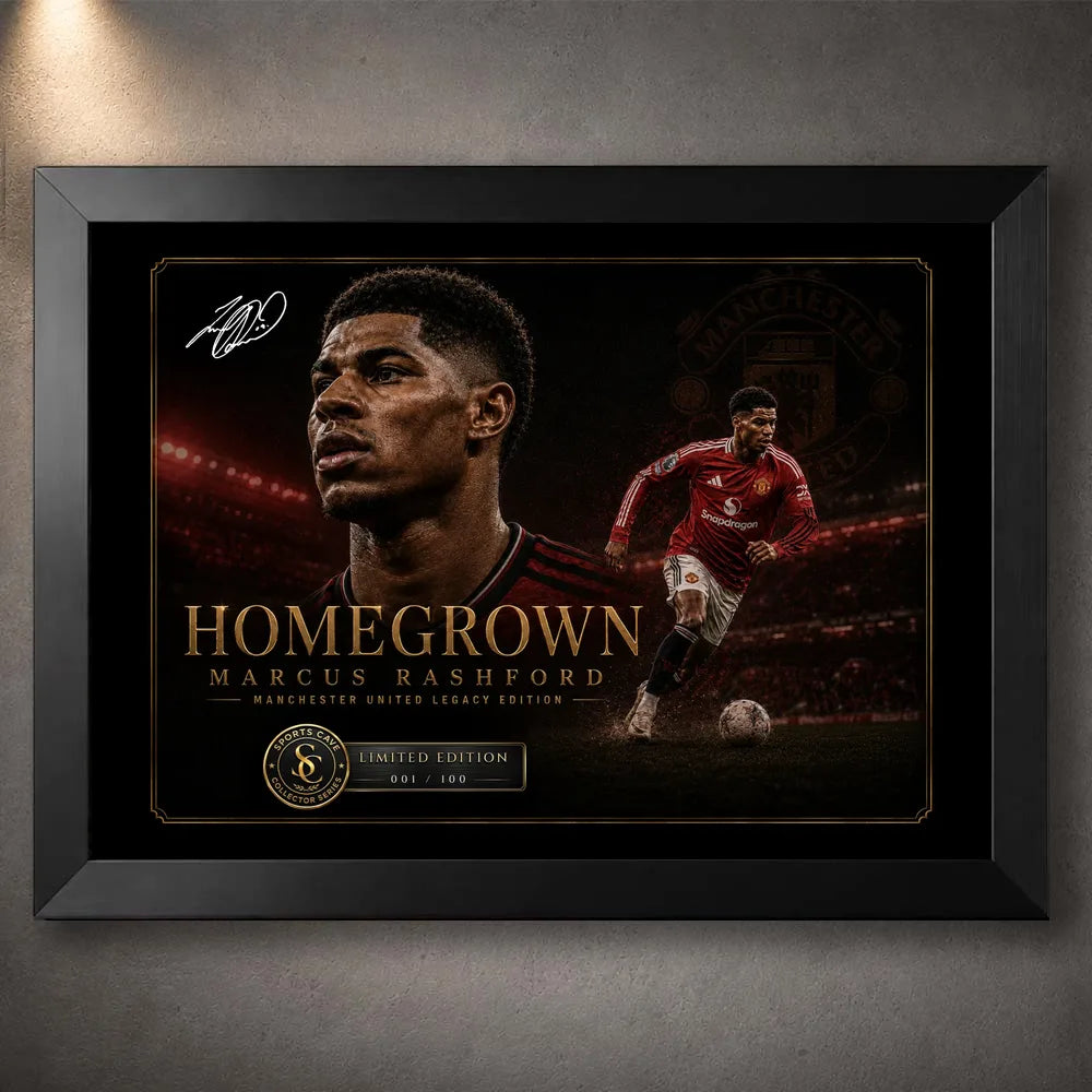Marcus Rashford Manchester United sports wall art in a black frame with dark limited edition football design.