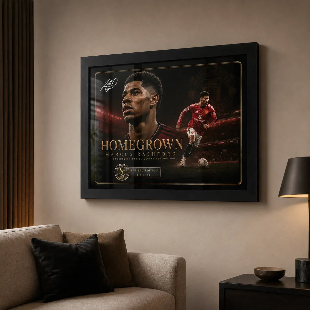 Marcus Rashford football wall art in a black frame displayed in a modern living room.