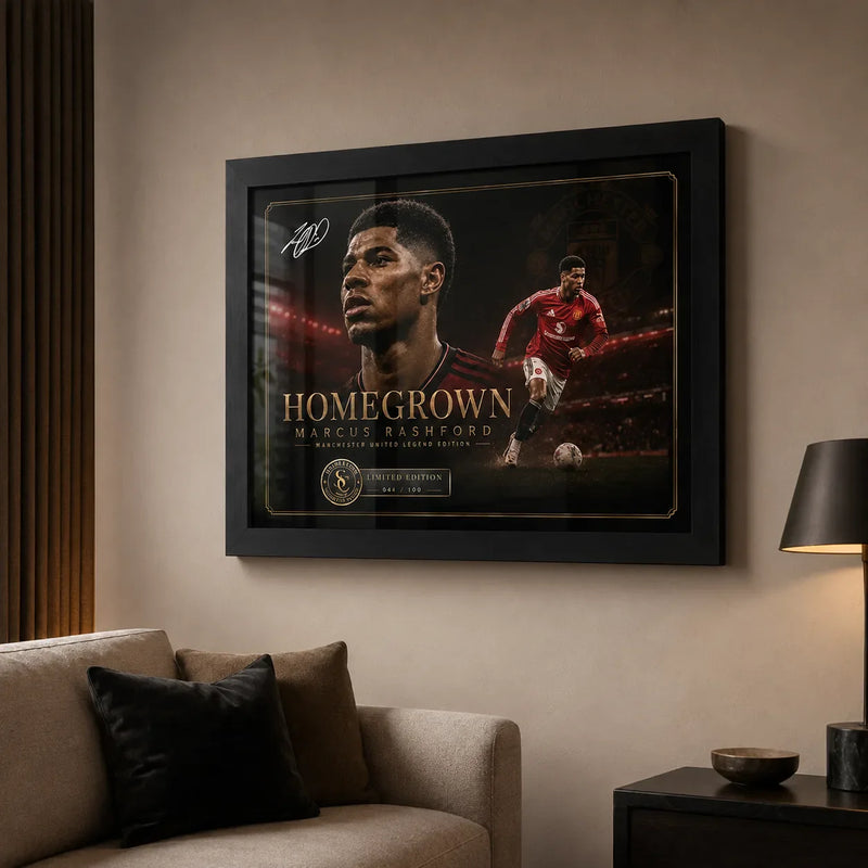 Marcus Rashford football wall art in a black frame displayed in a modern living room.