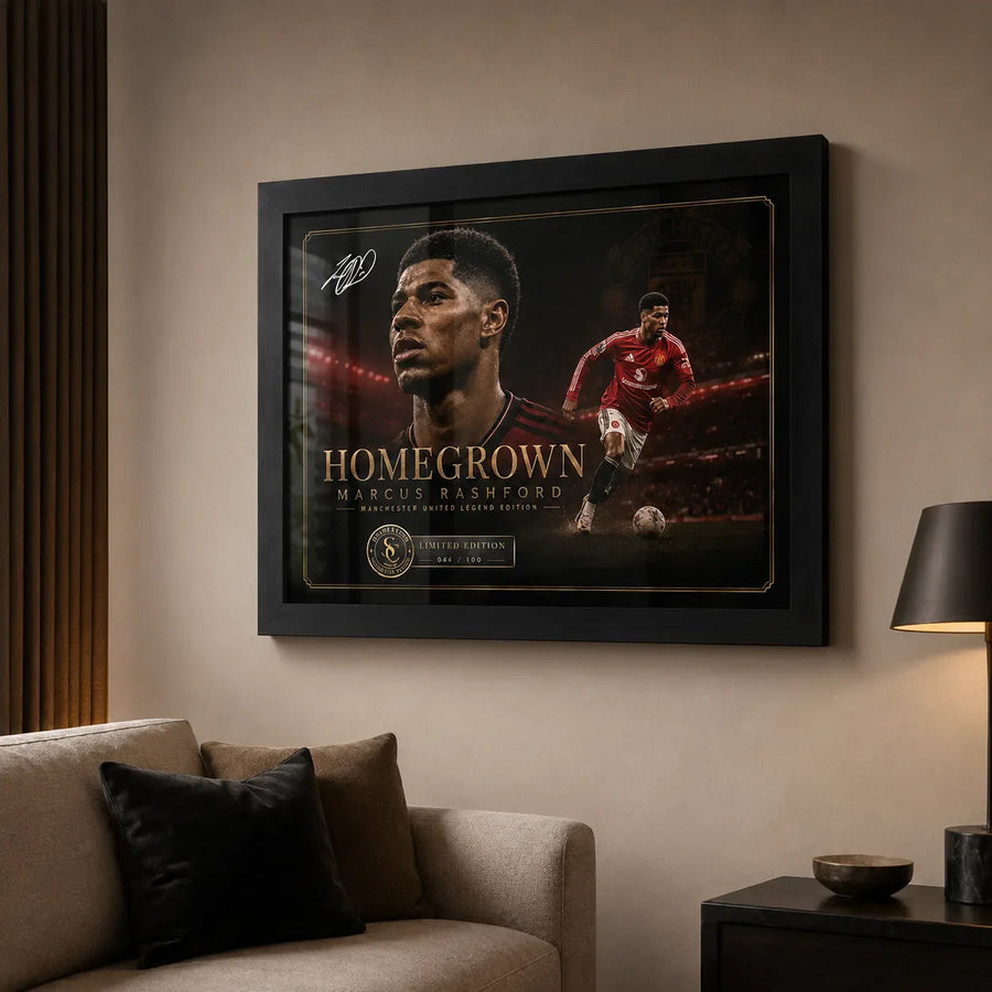 Marcus Rashford football wall art in a black frame displayed in a modern living room.