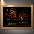 Marcus Rashford football wall art in an oak frame with dark stadium artwork.
