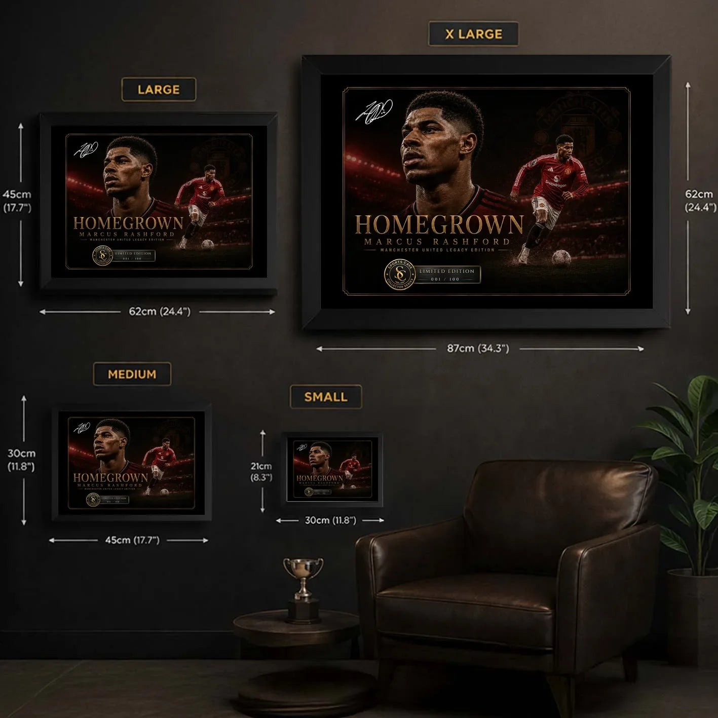 Marcus Rashford wall art size guide showing framed artwork dimensions.