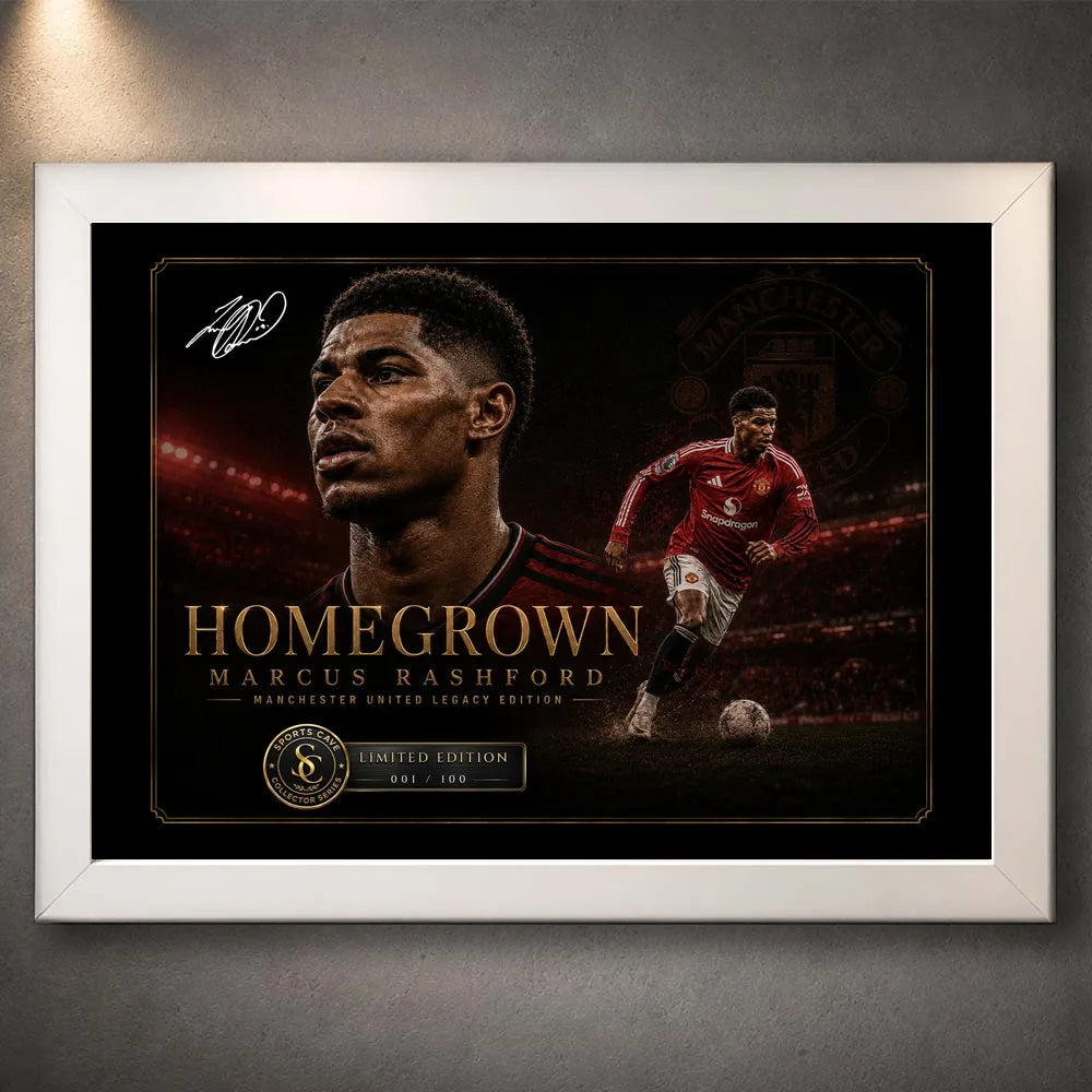Marcus Rashford football wall art in a white frame with dark artwork and gold detailing.