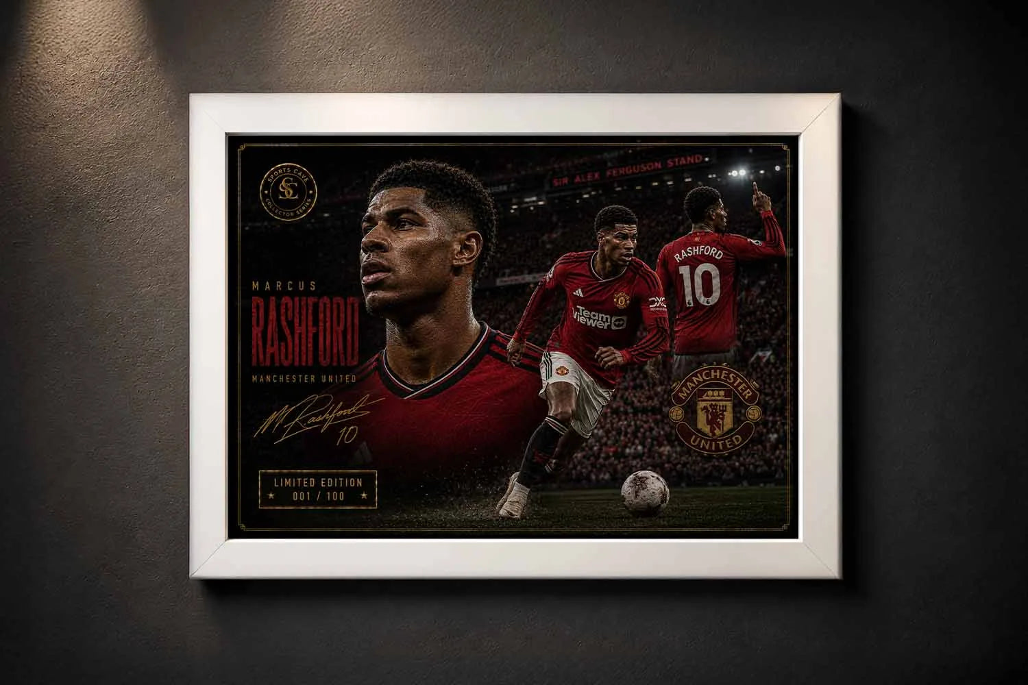 Marcus Rashford Manchester United framed sports wall art in a clean white frame with premium finish.