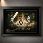 Marnus Labuschagne cricket wall art displayed in a premium black frame with limited edition collector detailing.