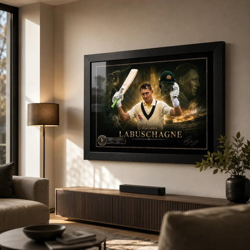 Marnus Labuschagne framed cricket wall art displayed in a warm modern living room above a timber entertainment unit.