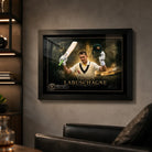 Marnus Labuschagne framed cricket wall art mounted in a dark premium man cave with illuminated collector shelving.
