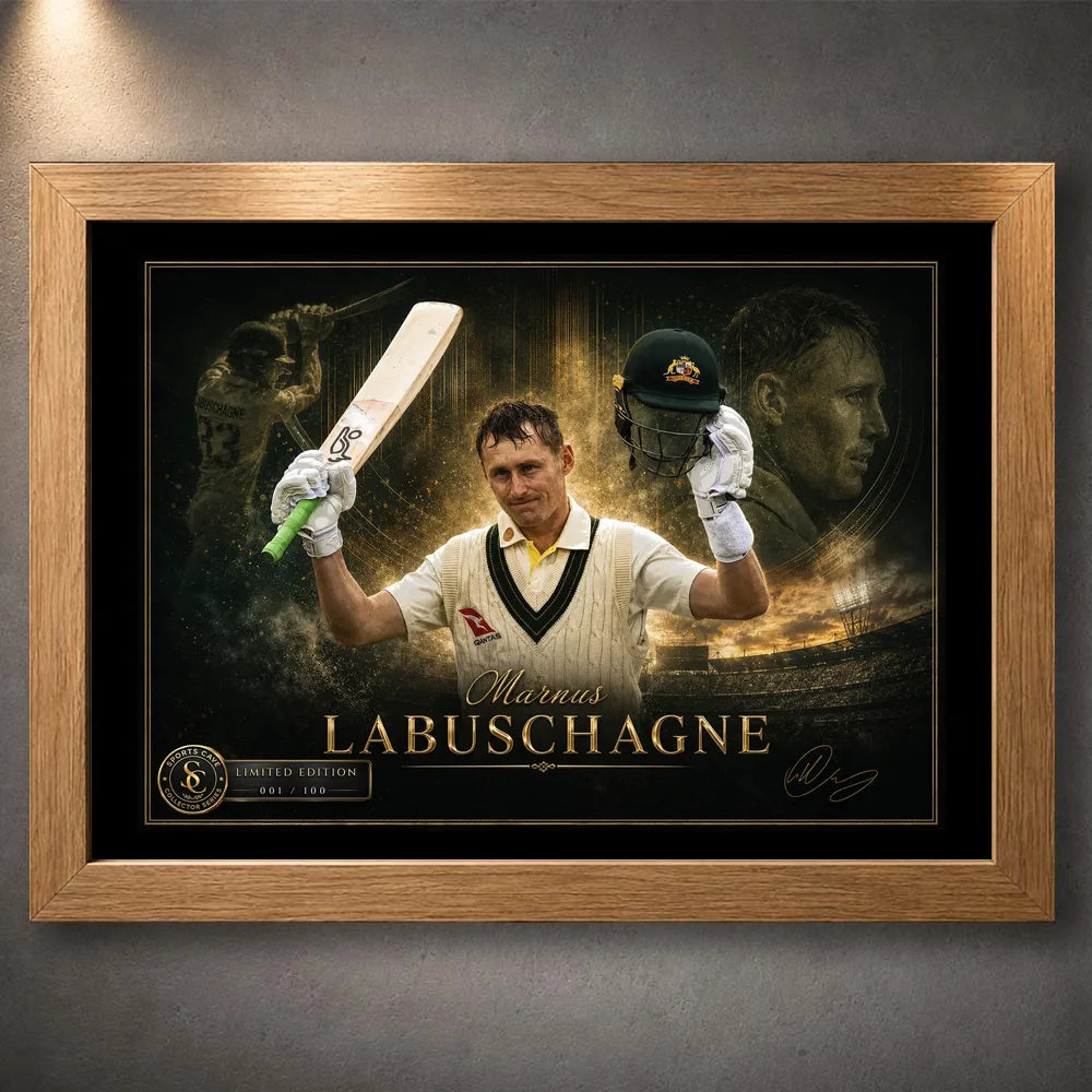 Marnus Labuschagne cricket wall art presented in a natural oak frame with black mount and gold collector accents.