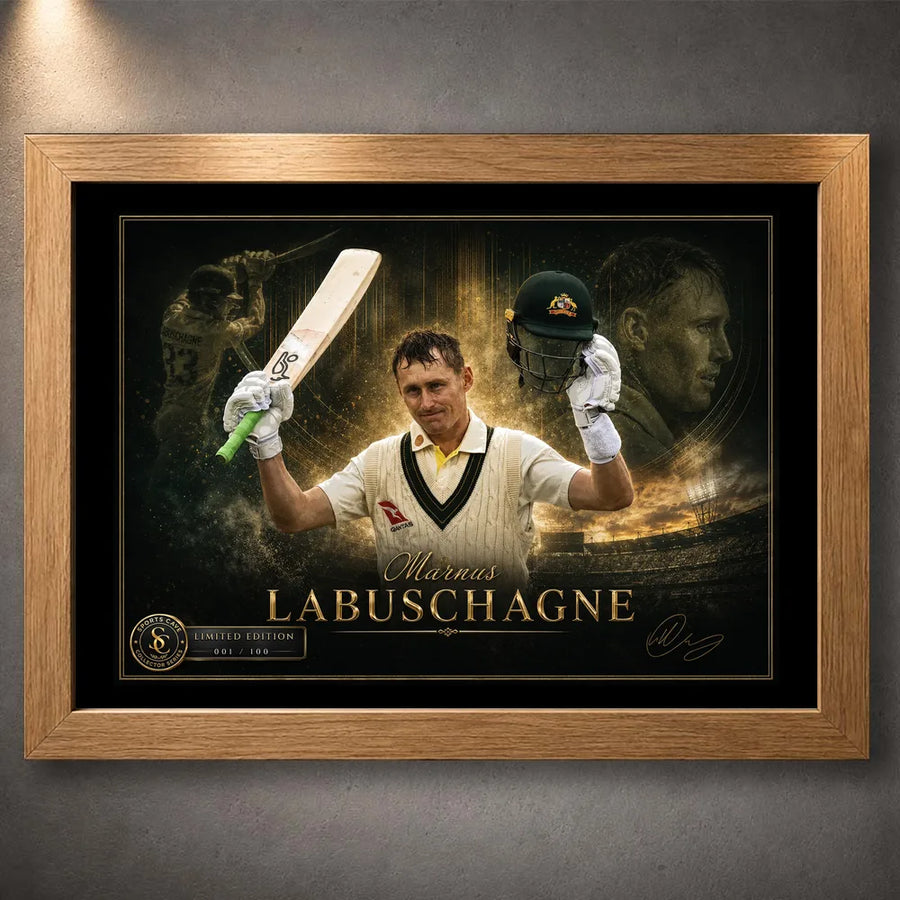 Marnus Labuschagne cricket wall art presented in a natural oak frame with black mount and gold collector accents.