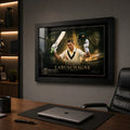 Marnus Labuschagne framed cricket wall art displayed in a refined home office above a timber desk and black chair.