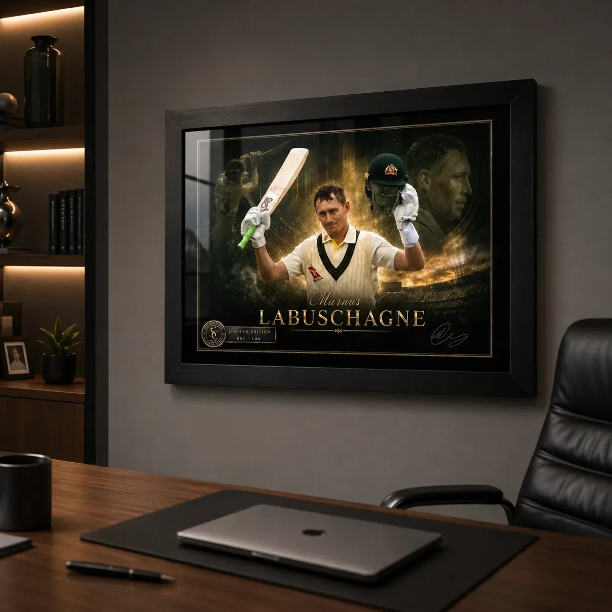 Marnus Labuschagne framed cricket wall art displayed in a refined home office above a timber desk and black chair.