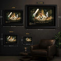 Marnus Labuschagne cricket wall art size guide comparing small, medium, large and extra-large framed dimensions.