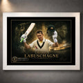 Marnus Labuschagne cricket wall art presented in a clean white frame with black mount and gold collector detailing.