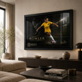 Mary Fowler wall art displayed in a warm neutral living room with a large black frame above a dark timber console.