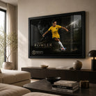 Mary Fowler wall art displayed in a warm neutral living room with a large black frame above a dark timber console.