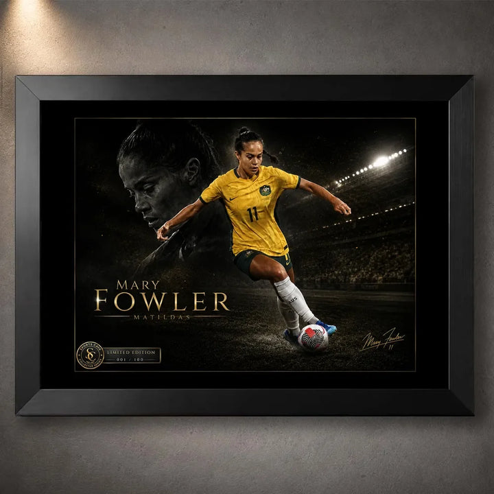 Black framed Mary Fowler soccer wall art featuring the Matildas player in yellow against a dark stadium-inspired design.