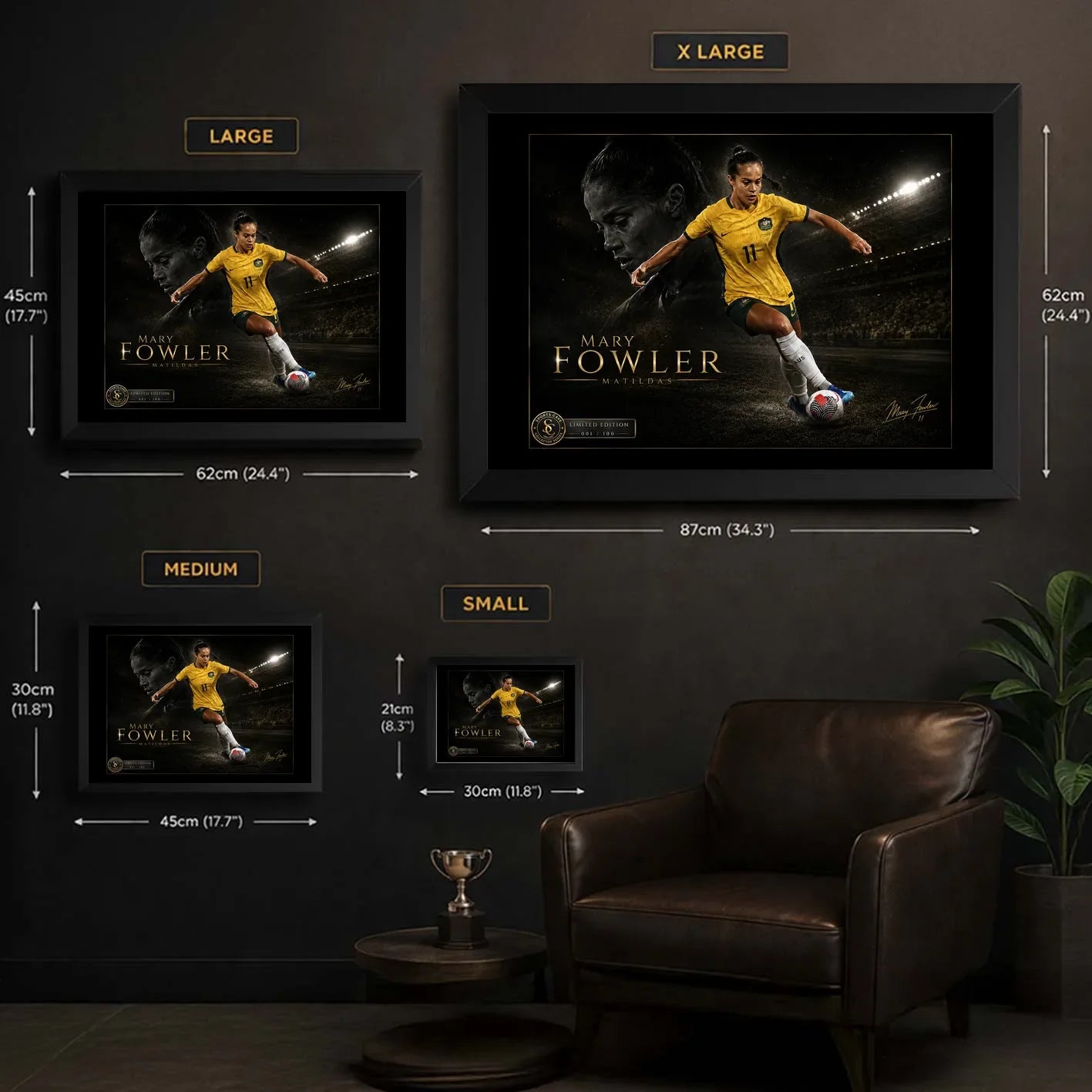 Mary Fowler wall art size guide showing Small, Medium, Large and X Large framed dimensions in centimetres and inches.