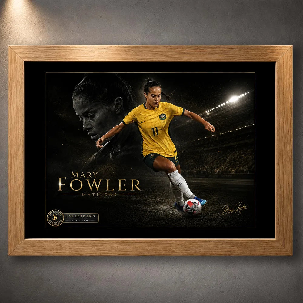 Oak framed Mary Fowler soccer wall art featuring the Matildas player in yellow on a dark stadium-inspired artwork.