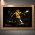 Oak framed Mary Fowler soccer wall art featuring the Matildas player in yellow on a dark stadium-inspired artwork.