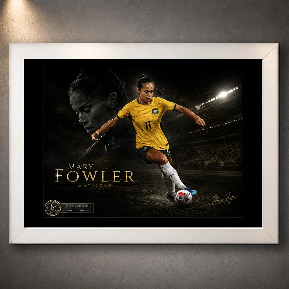 White framed Mary Fowler soccer wall art featuring the Matildas player in yellow on a dark stadium-inspired artwork.