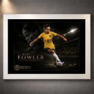 White framed Mary Fowler soccer wall art featuring the Matildas player in yellow on a dark stadium-inspired artwork.