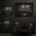 Motorsport wall art size guide comparing small, medium, large and extra large frames.