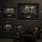 Motorsport wall art size guide comparing small, medium, large and extra large frames.