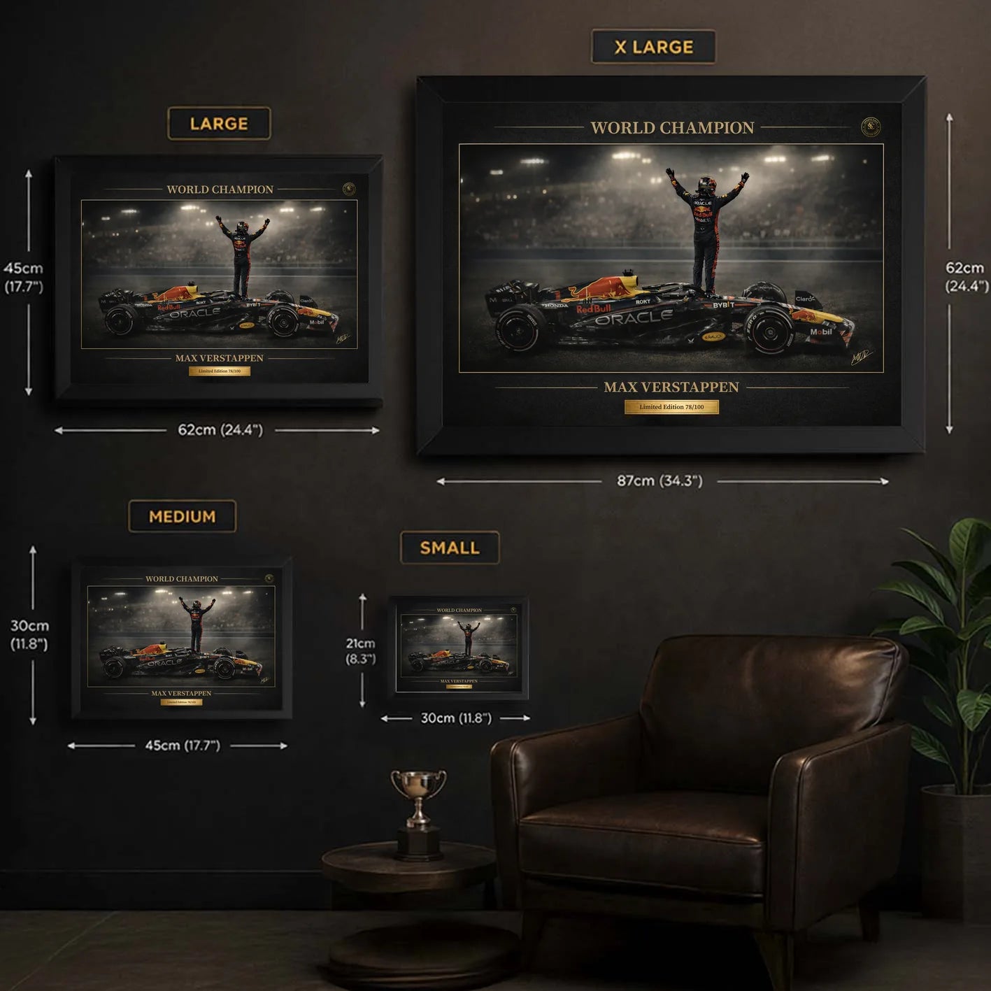 Motorsport wall art size guide comparing small, medium, large and extra large frames.