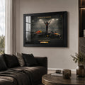 Framed motorsport wall art shown in a premium home living space.