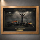 Motorsport wall art displayed in a natural oak frame.
