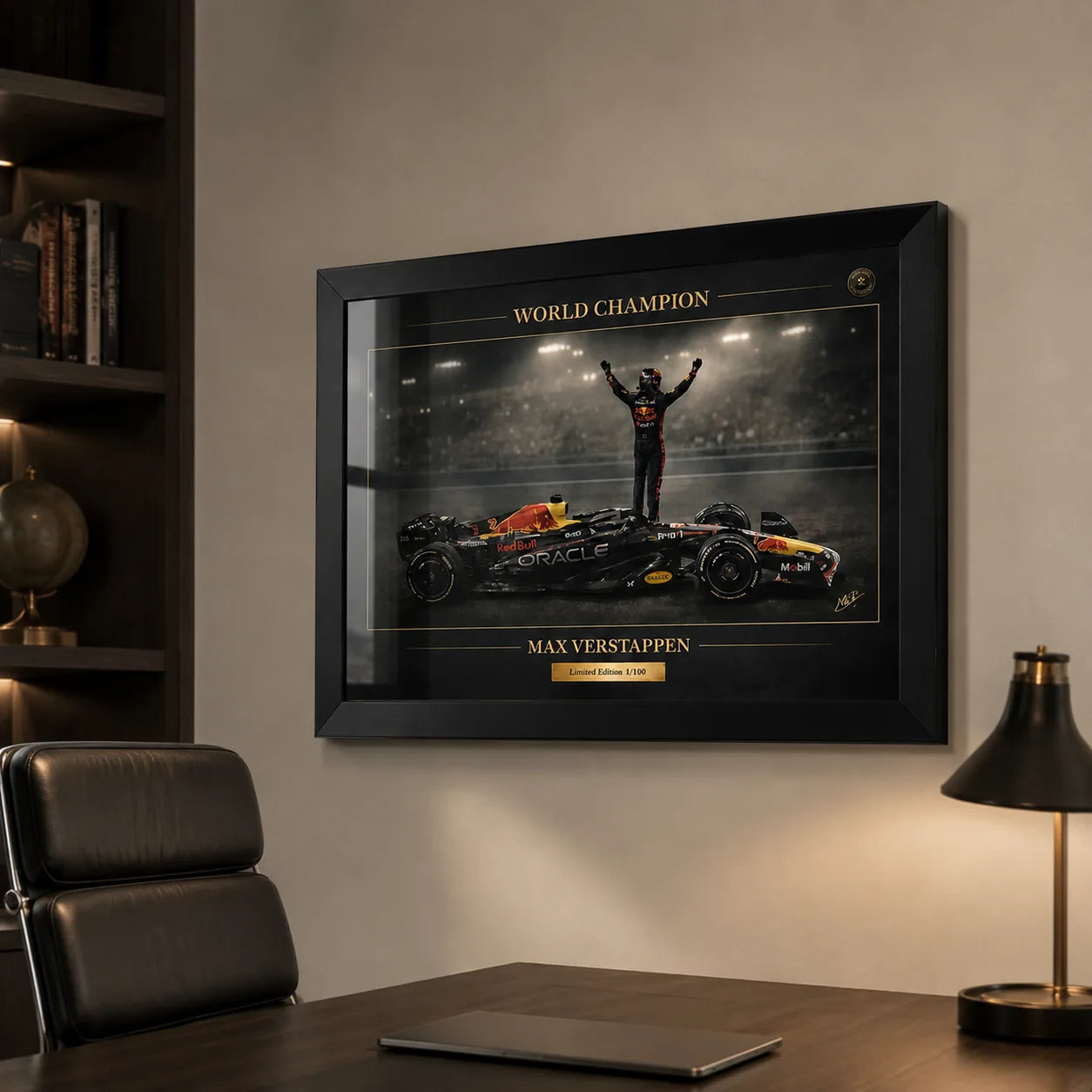 Framed motorsport wall art displayed in a refined office setting.