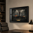Framed motorsport wall art displayed in a refined office setting.