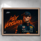 Premium oak framed sports art of Max Verstappen in Red Bull Racing gear, available exclusively at www.sportscaveshop.com.