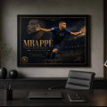 Kylian Mbappé framed sports wall art displayed in a modern executive office with luxury football décor.