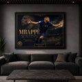 Modern luxury man cave featuring a framed Kylian Mbappé sports poster above a dark charcoal sofa with ambient lighting and minimalist interior styling.
