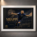 Kylian Mbappé limited edition framed sports wall art in a sleek white frame for modern football interiors.