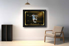 Lionel Messi framed sports art displayed in a modern minimalist room, ideal for premium sports collectibles and man cave wall décor.
