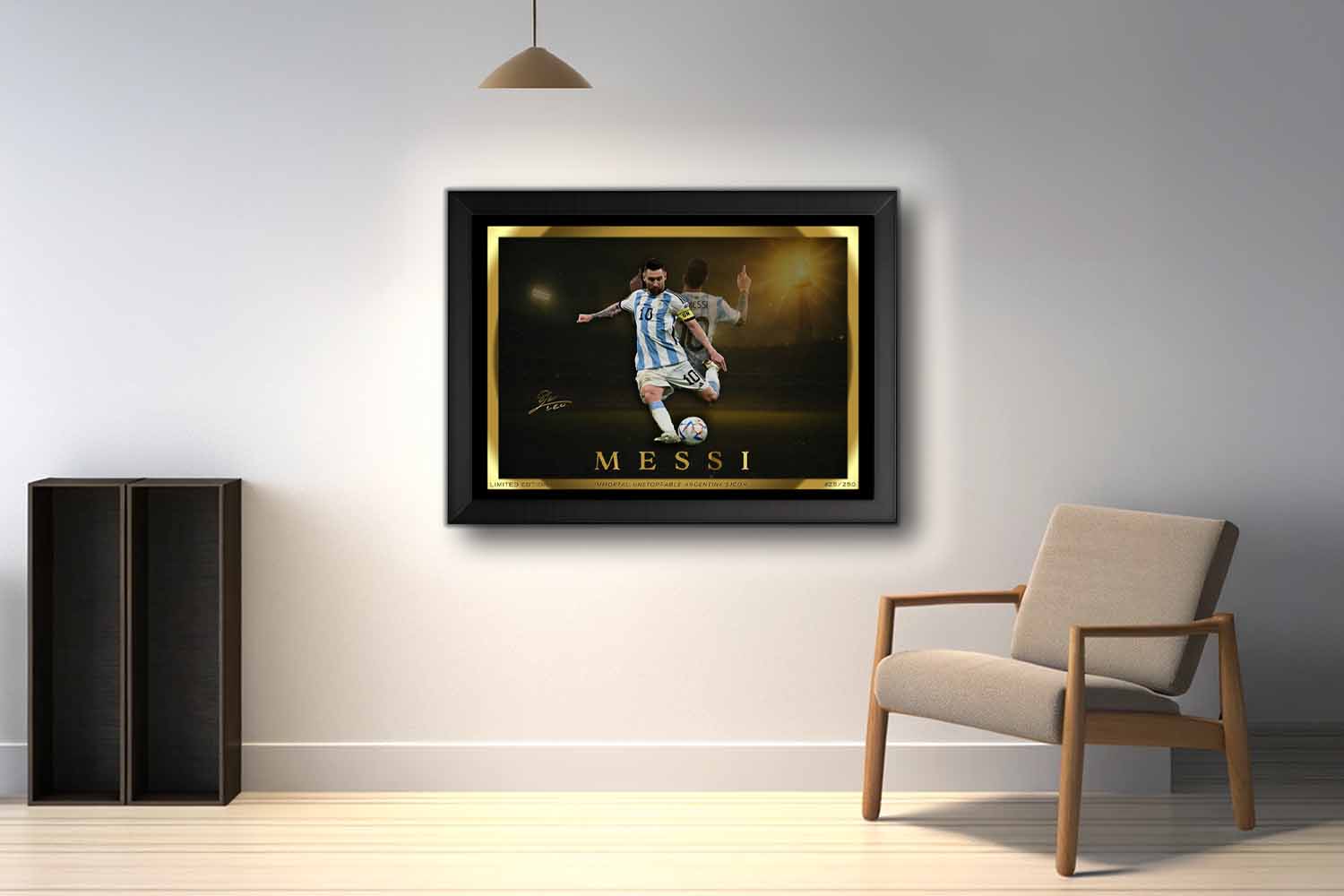 Lionel Messi framed sports art displayed in a modern minimalist room, ideal for premium sports collectibles and man cave wall décor.