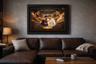 Black-framed "Messi vs Ronaldo" soccer wall art in a modern man cave setting, emphasizing the fierce rivalry between two football icons.