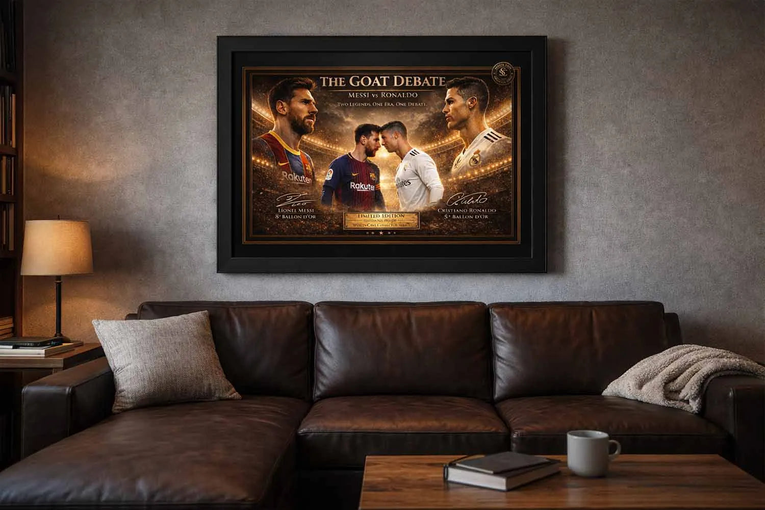 Black-framed "Messi vs Ronaldo" soccer wall art in a modern man cave setting, emphasizing the fierce rivalry between two football icons.